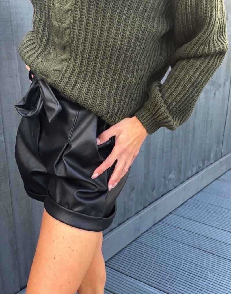Faux leather belted shorts