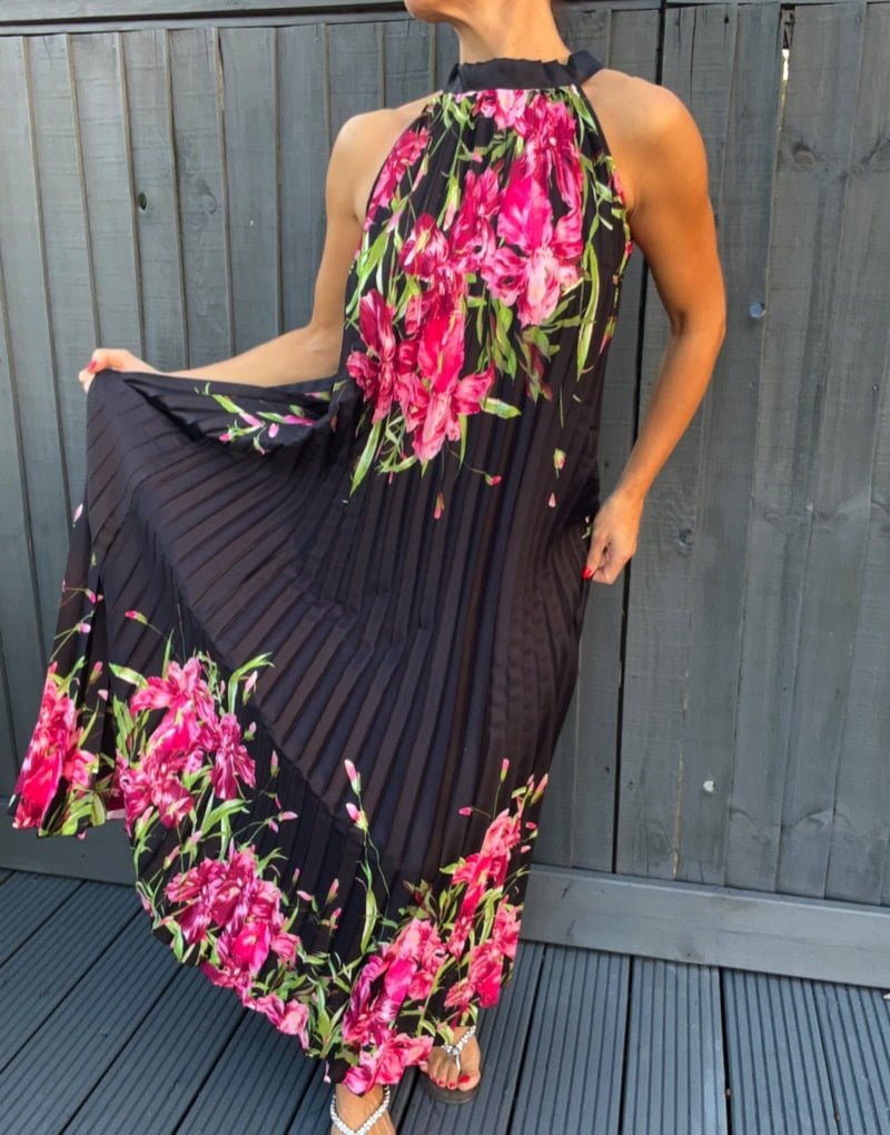 Floor length pleated print silk style dress