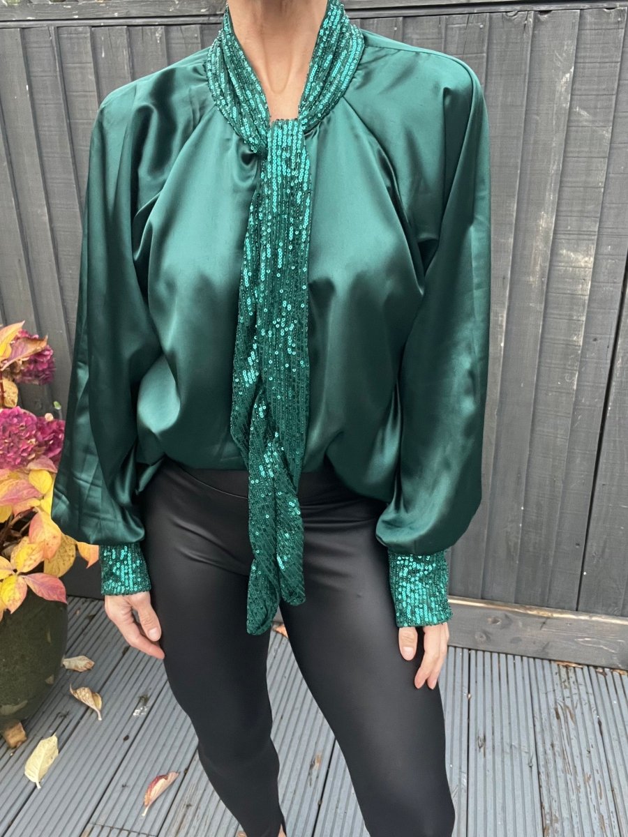 Satin style blouse with sequin cuffs and collar