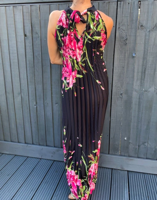 Floor length pleated print silk style dress