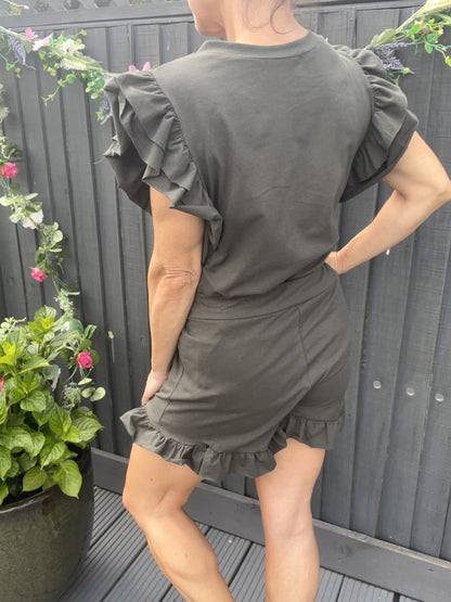 Khaki frilled Short set